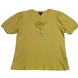Lauren Ralph Lauren Top Women XL Yellow Tie Up Casual Cotton Bow Ballon Sleeves
